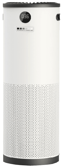 White cylindrical air purifier with digital display and mesh filter panel