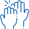 Multiple hands raising together in support, symbolizing teamwork and patient care collaboration.