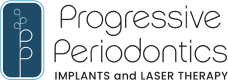 Progressive Periodontics logo featuring stylized tooth design with implant and laser therapy text.